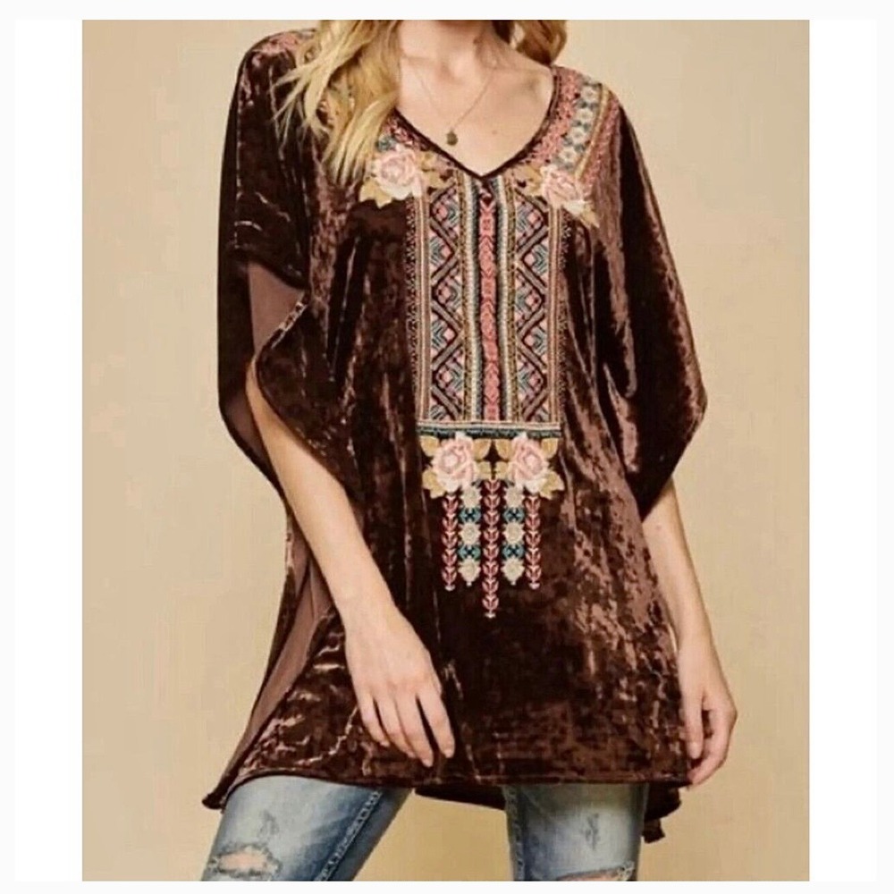 Andree By‎ Unit Brown Velvet Bat Wing Poncho Top Embroidery Boho Pioneer Medium